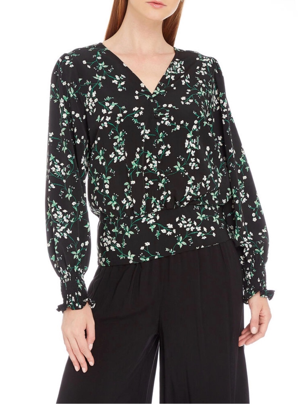 KARL LAGERFELD PARIS Black Floral V-Neck Long Sleeve Blouse Smocked Cuffs Size S